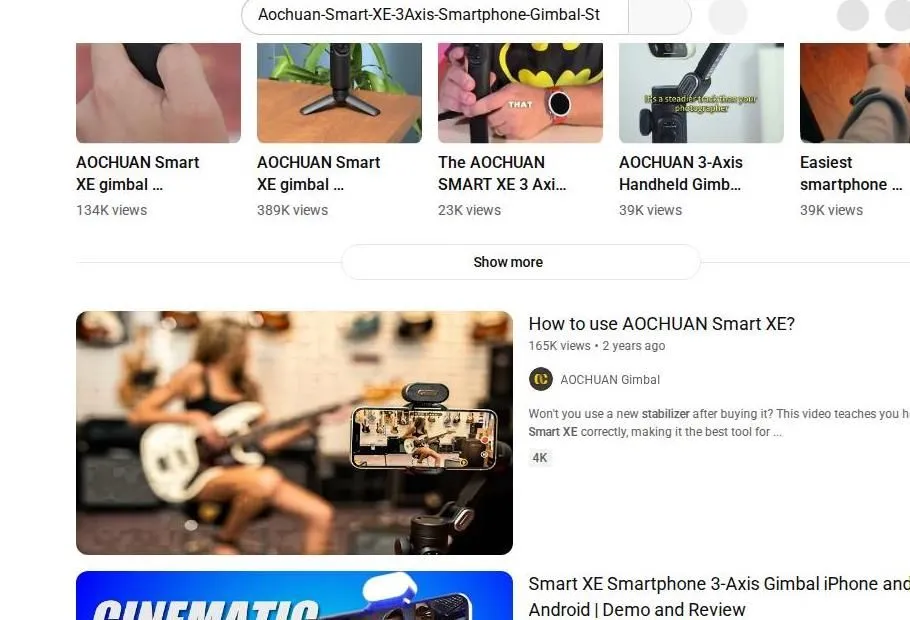 YouTube search results for Aochuan Smart XE gimbal