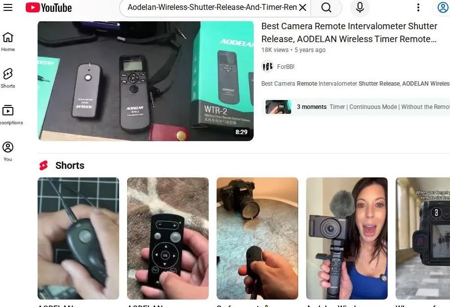 YouTube search results for Aodelan camera remote