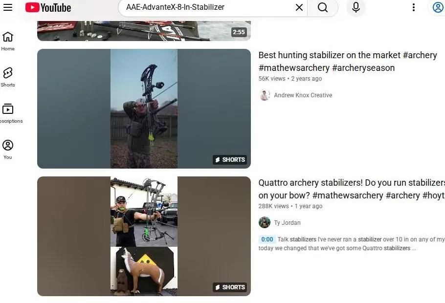 YouTube search results for archery stabilizers