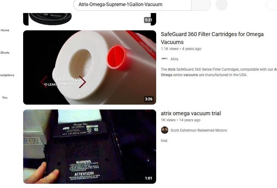 YouTube search results for Atrix Omega Supreme vacuum