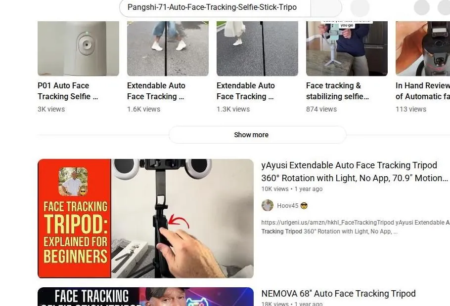 YouTube search results for auto face tracking selfie stick tripods