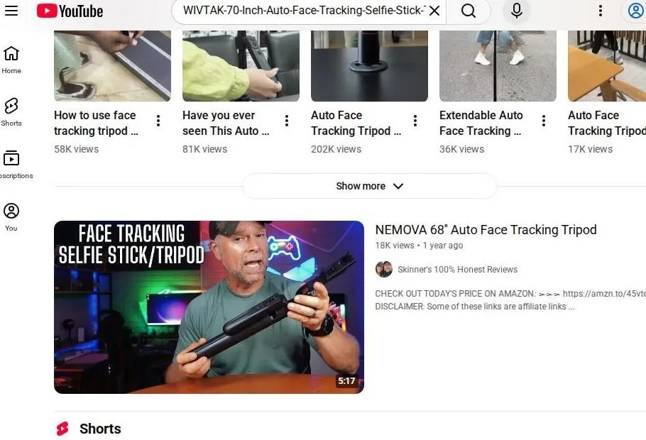 YouTube search results for auto face tracking selfie sticks