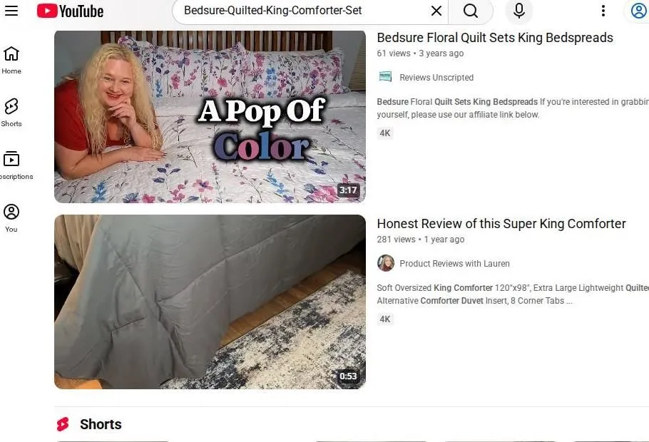 YouTube search results for Bedsure King bedding sets