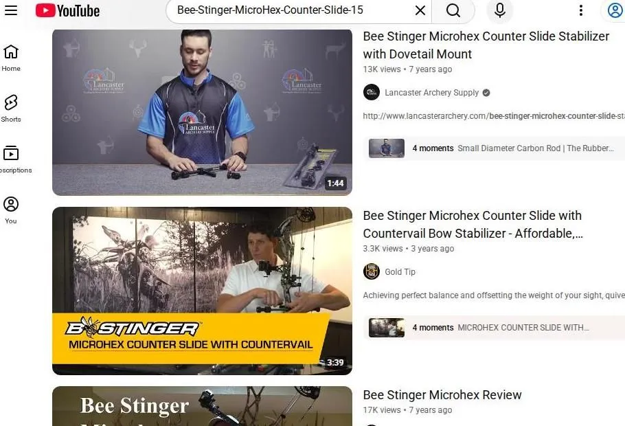 YouTube search results for Bee Stinger archery stabilizers