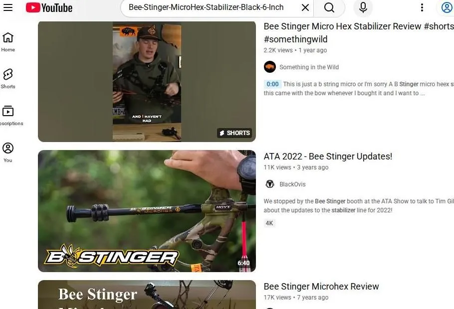 YouTube search results for Bee Stinger MicroHex archery stabilizer
