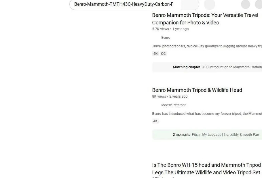 YouTube search results for Benro Mammoth tripod videos