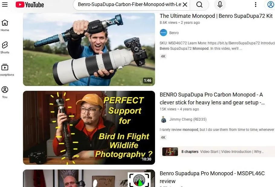 YouTube search results for Benro SupaDupa carbon fiber monopod