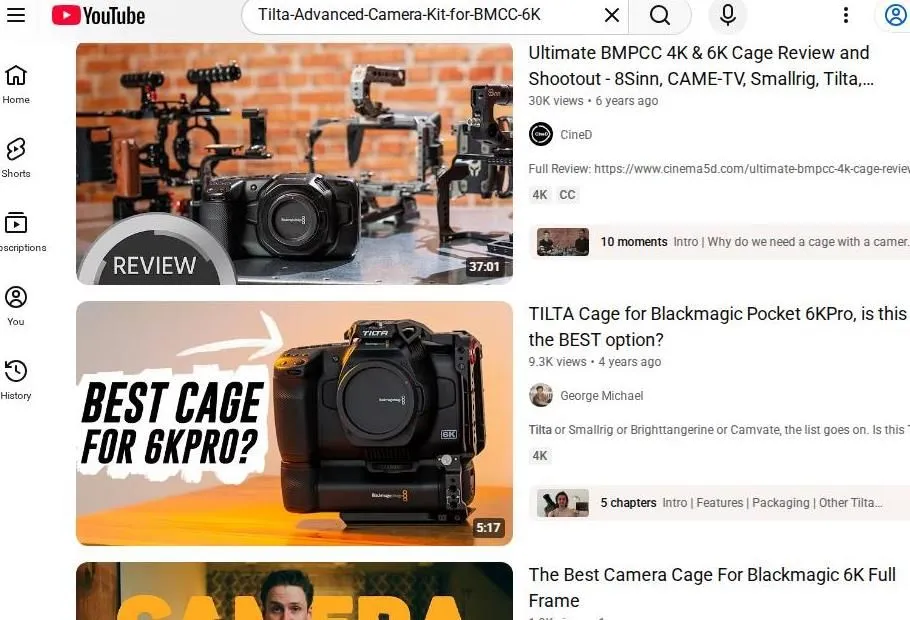 YouTube search results for Blackmagic camera cages