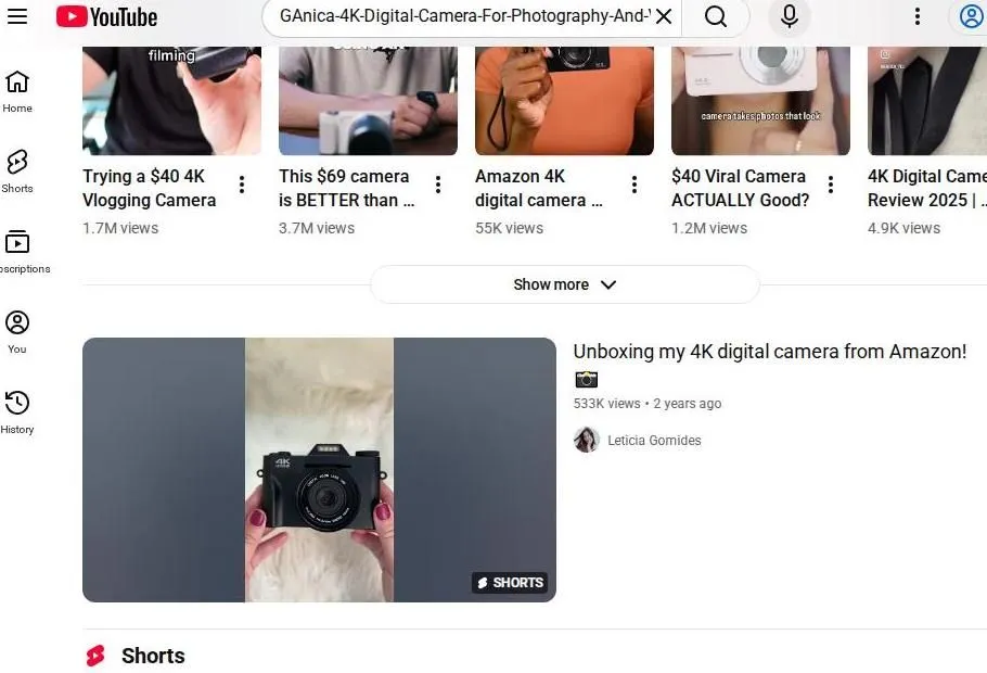 YouTube search results for budget 4K digital cameras