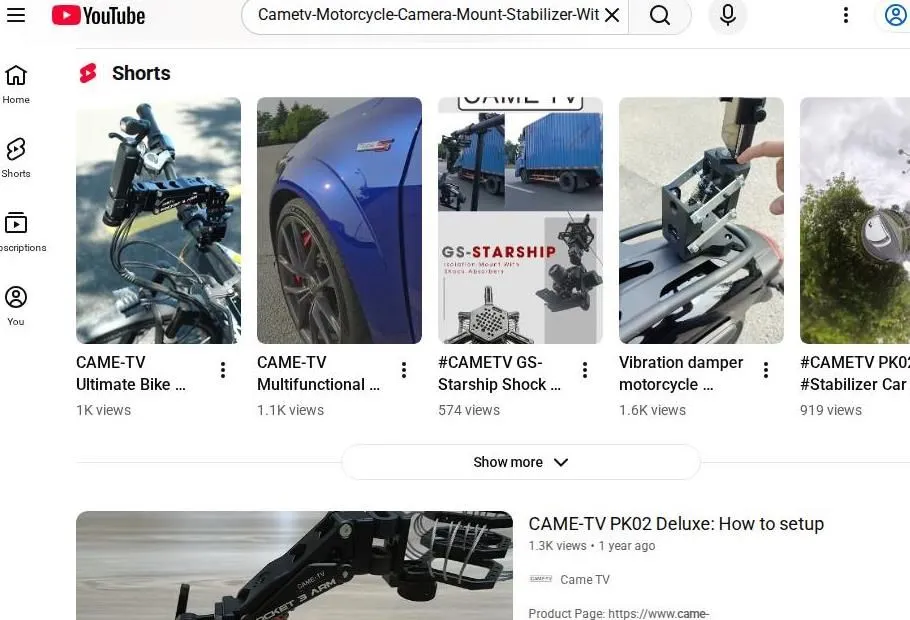 YouTube search results for CAME-TV motorcycle camera stabilizer gear