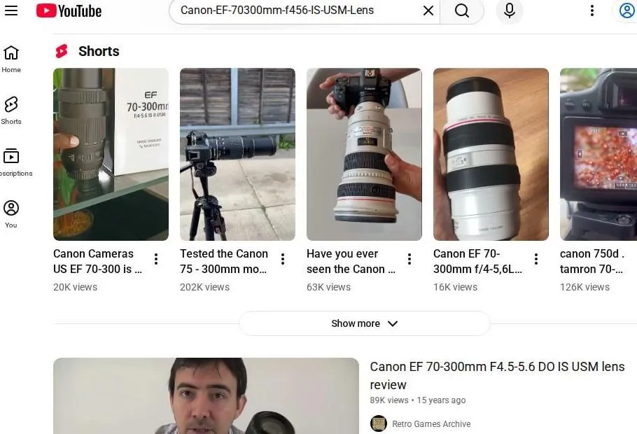 YouTube search results for Canon 70-300mm lenses