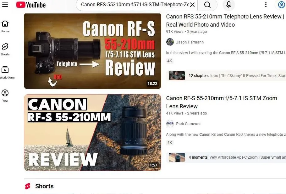 YouTube search results for Canon RF-S 55-210mm lens reviews