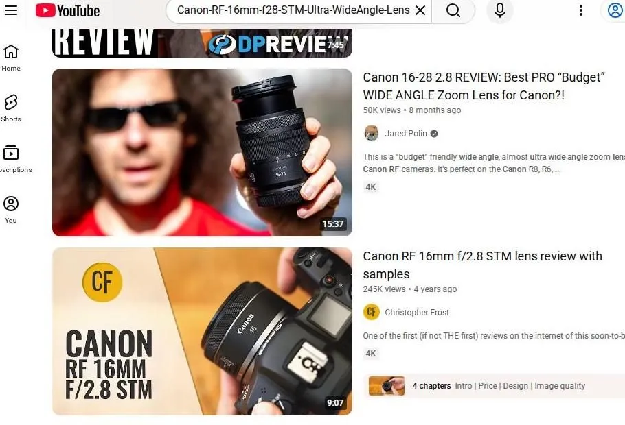 YouTube search results for Canon wide angle lenses