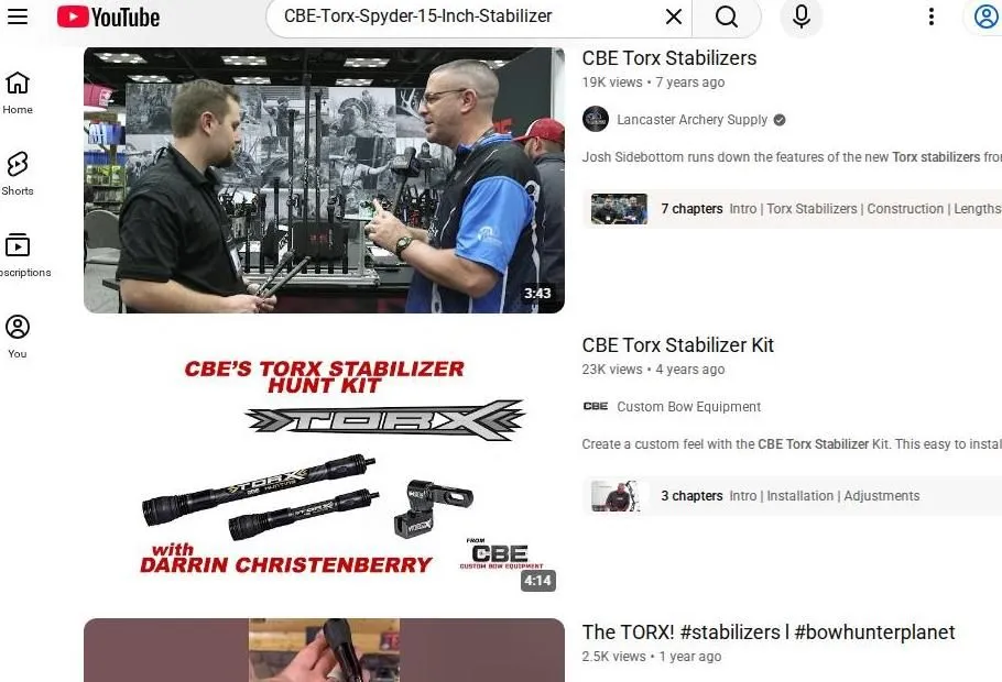 YouTube search results for CBE Torx archery stabilizers