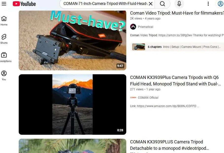 YouTube search results for Coman camera tripods