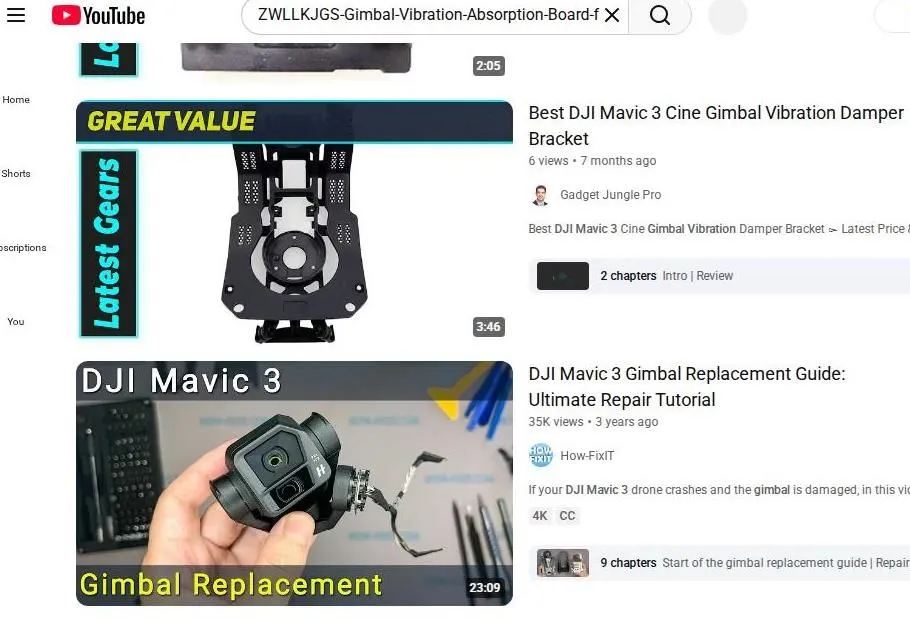 YouTube search results for DJI Mavic 3 gimbal parts and repair guides