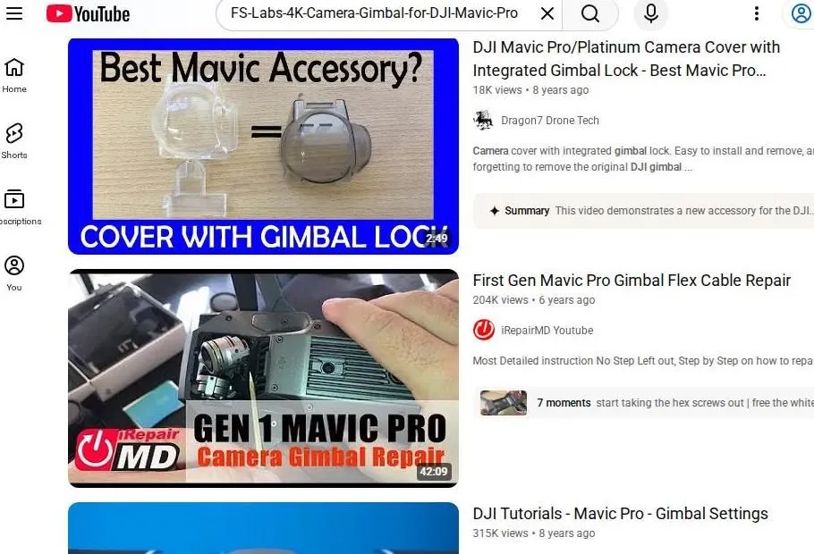 YouTube search results for DJI Mavic Pro accessories and repairs