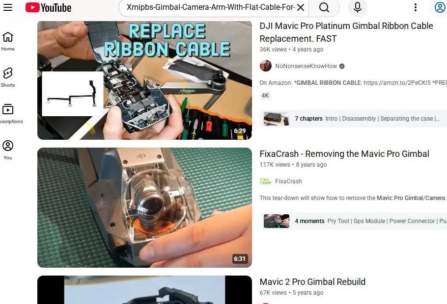 YouTube search results for DJI Mavic Pro gimbal repair