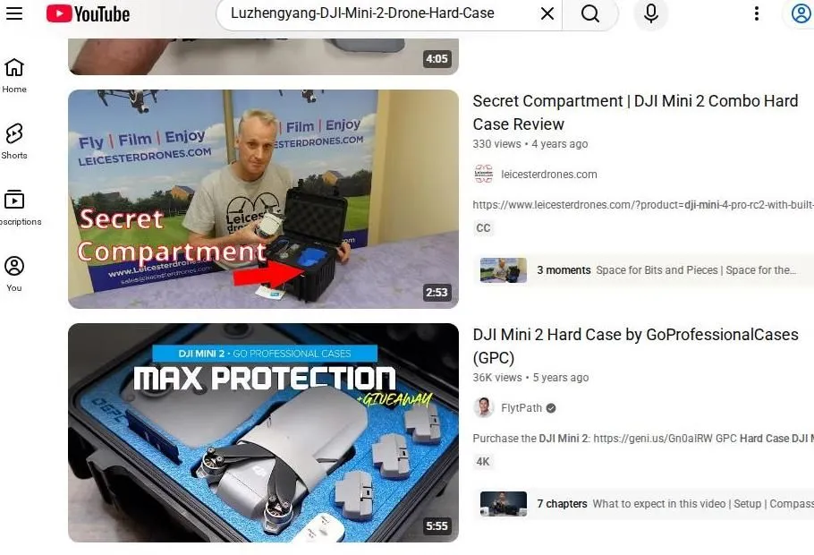 YouTube search results for DJI Mini 2 drone hard cases