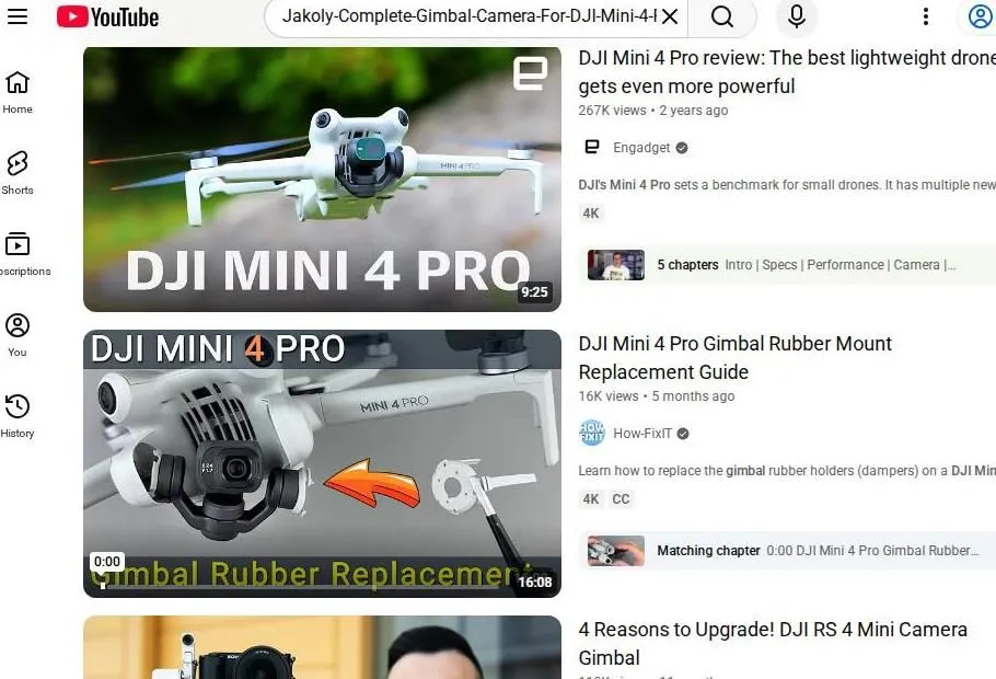 YouTube search results for DJI Mini 4 Pro gimbal repair and reviews