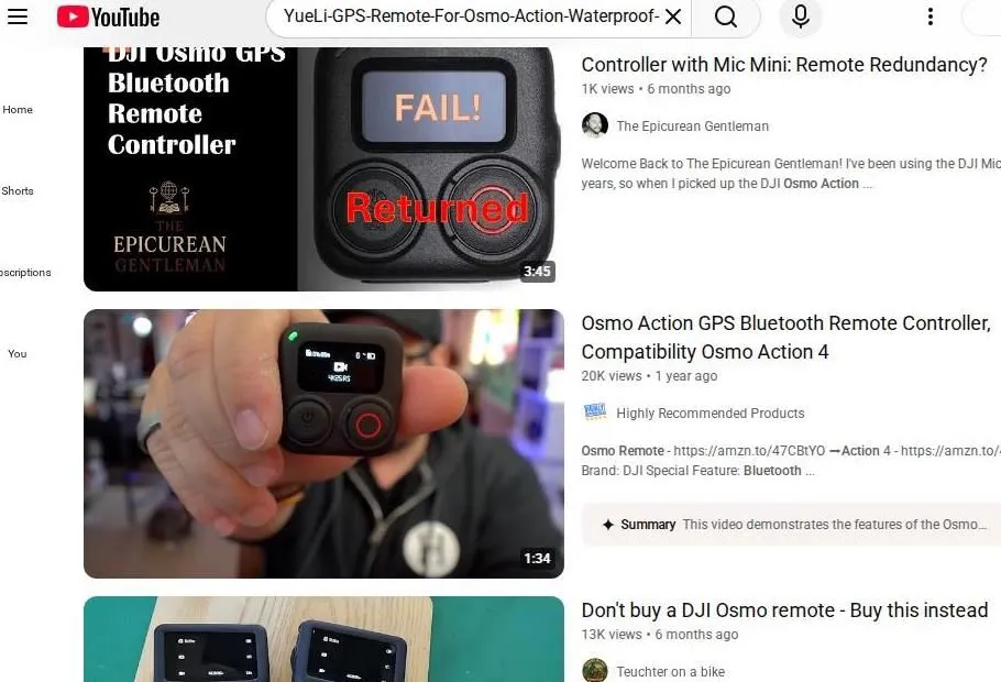 YouTube search results for DJI Osmo Action GPS Bluetooth Remote Controller