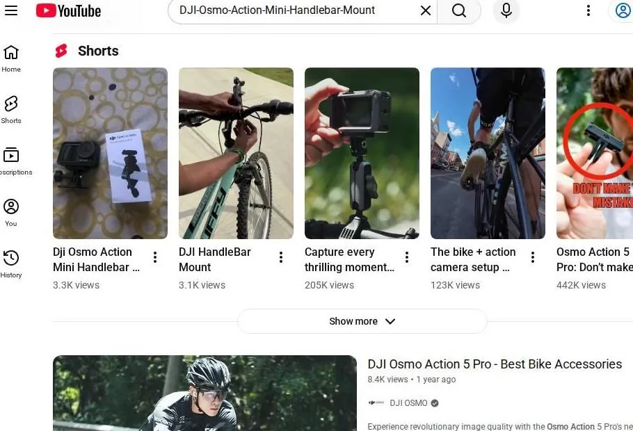 YouTube search results for DJI Osmo Action handlebar mounts