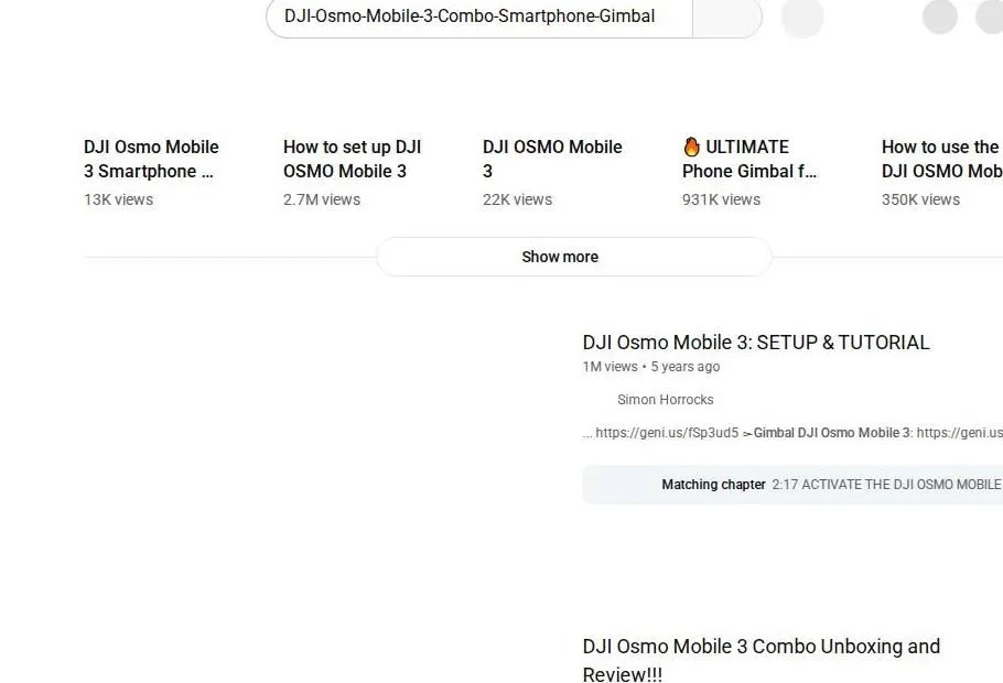 YouTube search results for DJI Osmo Mobile 3