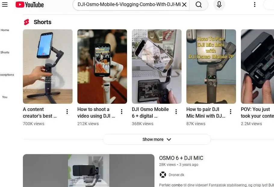 YouTube search results for DJI Osmo Mobile 6 and DJI Mic