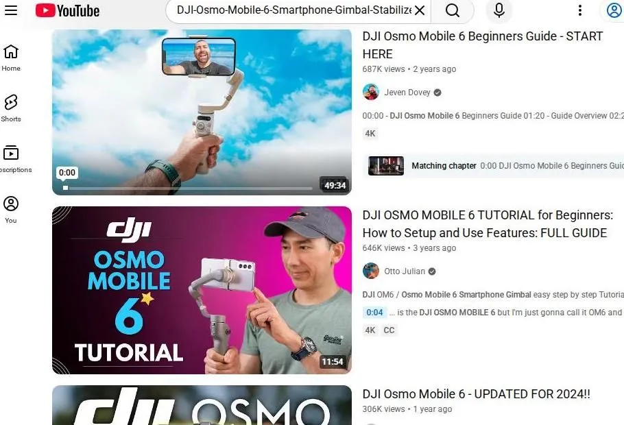 YouTube search results for DJI Osmo Mobile 6 tutorials