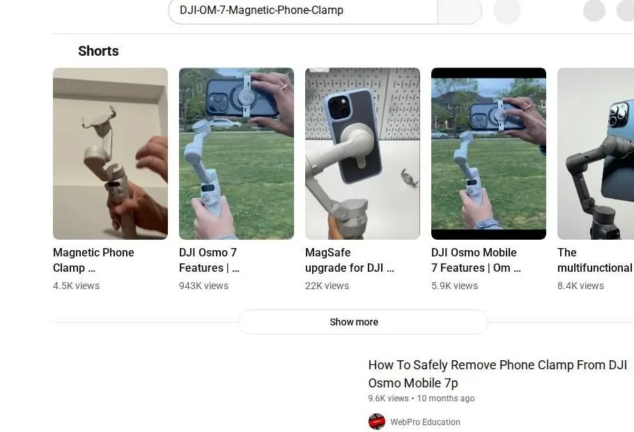 YouTube search results for DJI Osmo Mobile 7 magnetic phone clamp