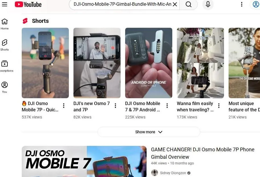 YouTube search results for DJI Osmo Mobile 7P