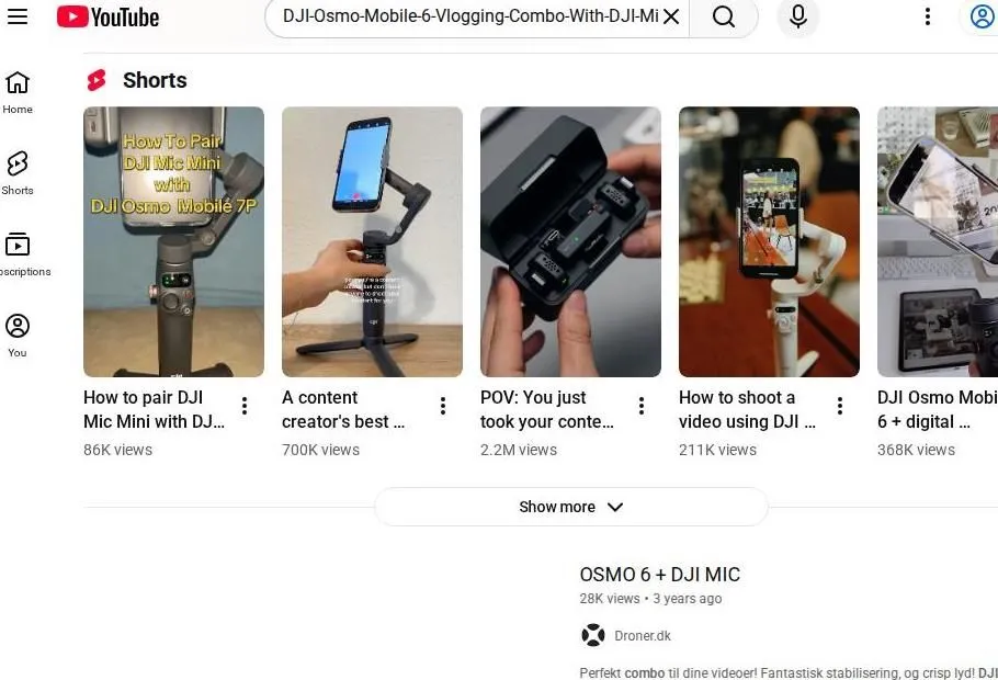 YouTube search results for DJI Osmo Mobile and DJI Mic vlogging gear