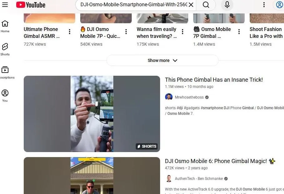 YouTube search results for DJI Osmo Mobile smartphone gimbals