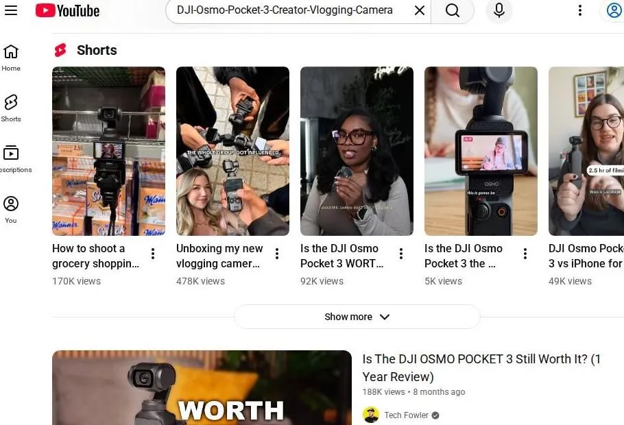 YouTube search results for DJI Osmo Pocket 3