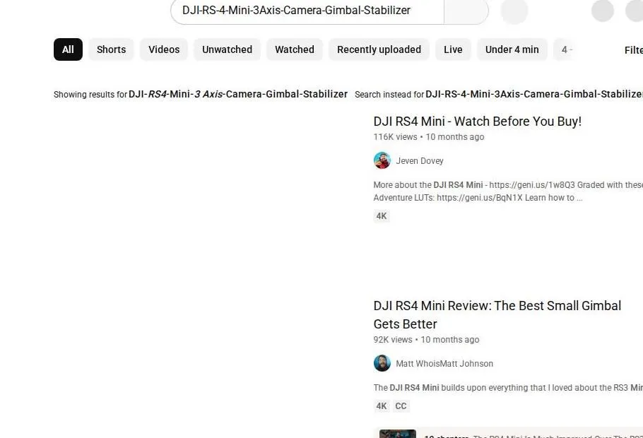 YouTube search results for DJI RS4 Mini gimbal stabilizers