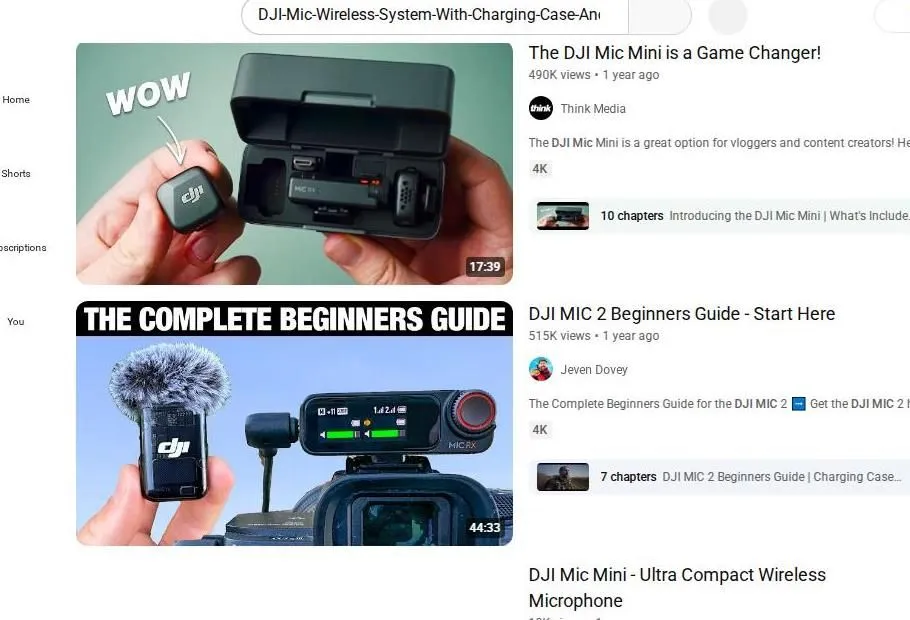 YouTube search results for DJI wireless microphones