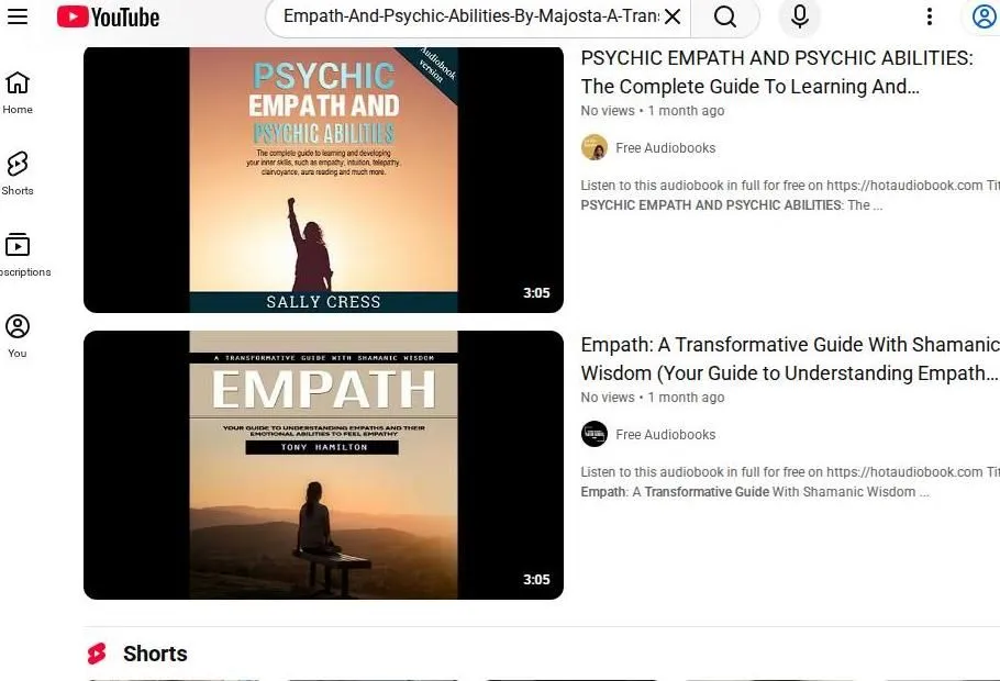 YouTube search results for empath and psychic ability audiobooks