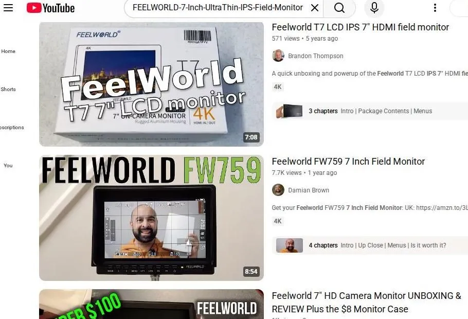 YouTube search results for Feelworld 7 inch field monitors