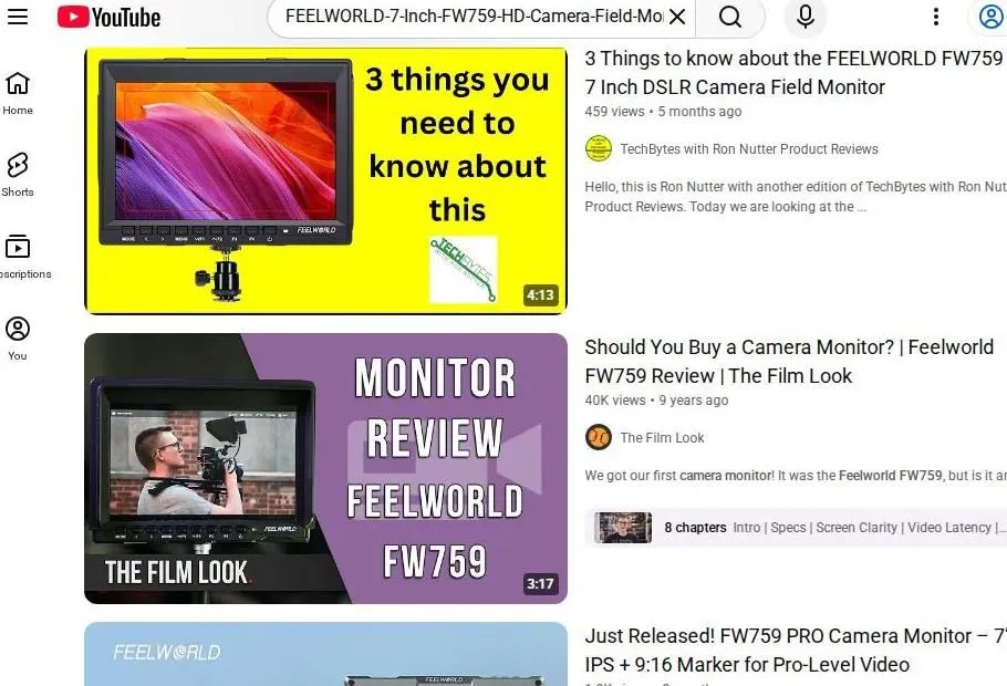 YouTube search results for Feelworld camera monitors