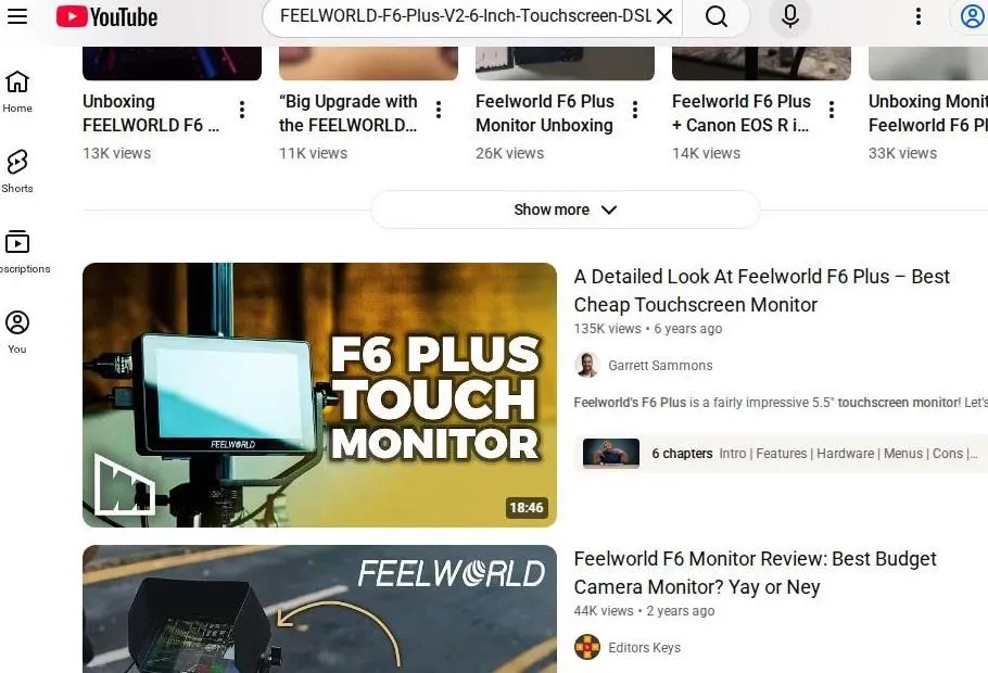 YouTube search results for Feelworld F6 Plus camera monitor
