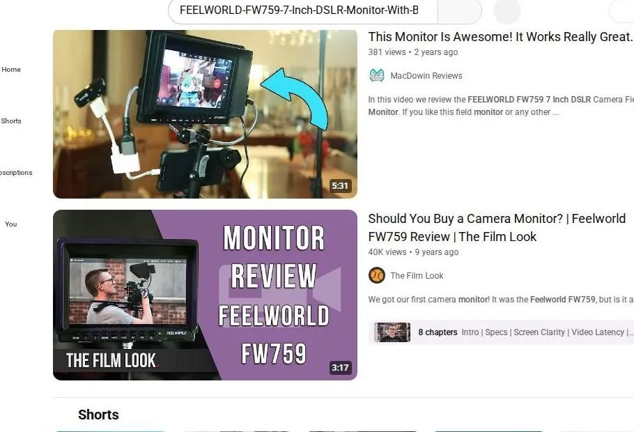 YouTube search results for Feelworld FW759 monitor