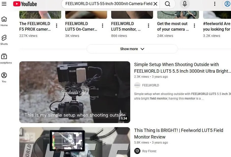 YouTube search results for Feelworld LUT5 monitor