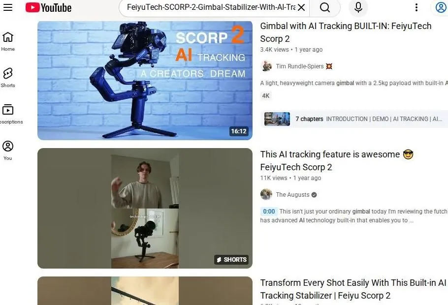 YouTube search results for FeiyuTech SCORP 2 gimbal