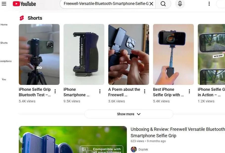 YouTube search results for Freewell Bluetooth Smartphone Selfie Grip