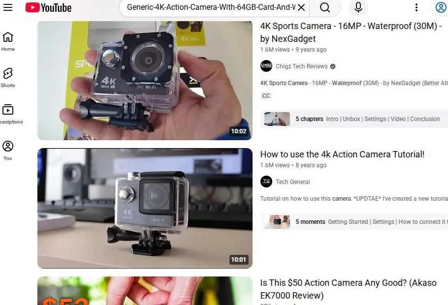 YouTube search results for generic 4K action cameras