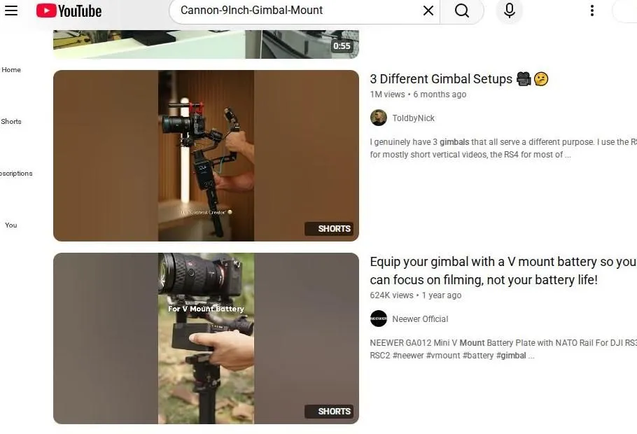 YouTube search results for gimbal mounts and setups