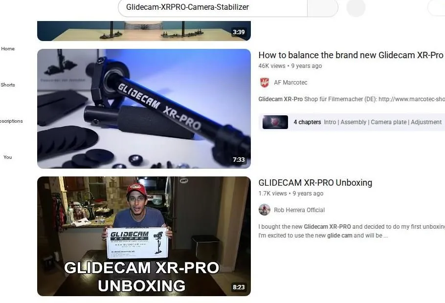 YouTube search results for Glidecam XR-PRO camera stabilizer