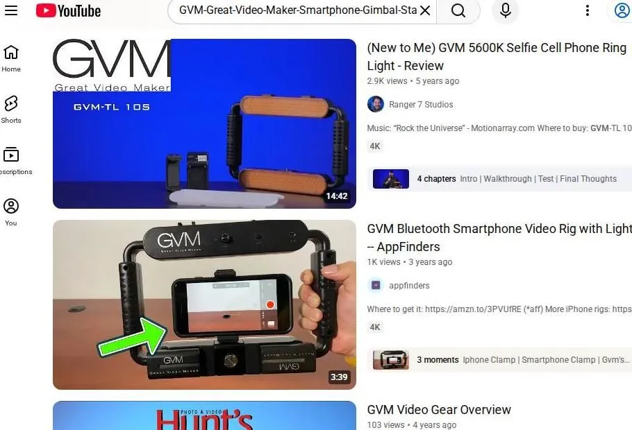 YouTube search results for GVM smartphone video rigs