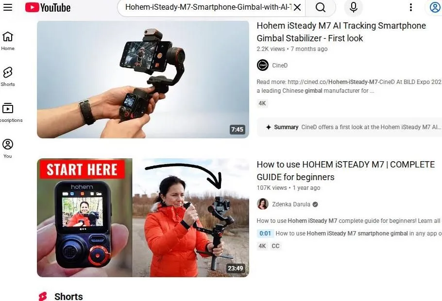 YouTube search results for Hohem iSteady M7 smartphone gimbal