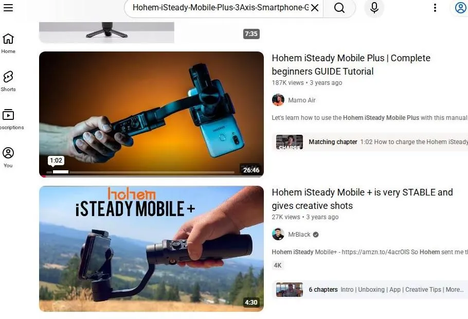 YouTube search results for Hohem iSteady Mobile Plus gimbal stabilizer
